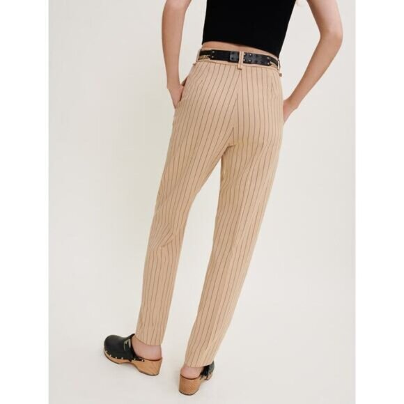NWT MAJE Fitted High Waisted Linen Blend Striped Trousers XL Beige Black - Picture 3 of 9